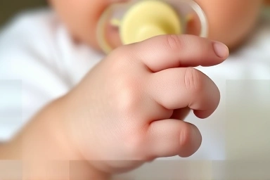 Baby's hand holding a pacifier, close-up