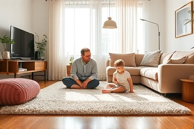 Cozy living room with family on soundproof floor mat