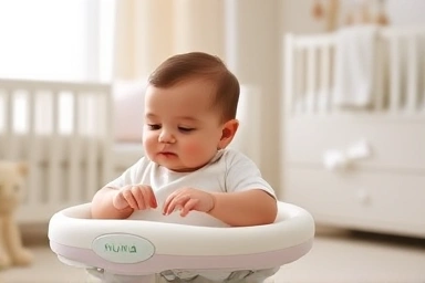 Baby peacefully swaying in Nuna Leaf bouncer in a bright nursery.