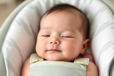 Newborn's happy face in Nuna Leaf bouncer with infant insert.
