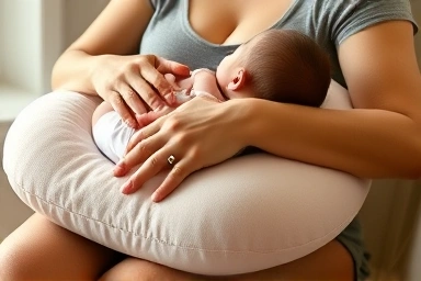 Ergonomic nursing pillow supporting mother's arms and baby.