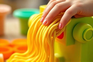 Play-Doh noodle maker in action, developing fine motor skills.