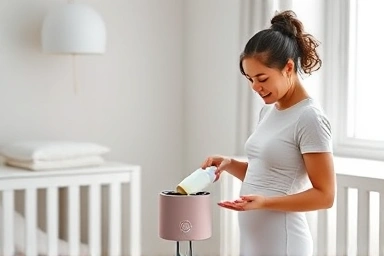 Parent using portable formula boiler for baby bottle.