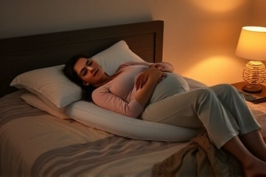 Pregnant woman sleeping comfortably on reflux relief pillow