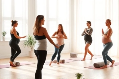 Peaceful prenatal yoga class with instructor and pregnant women.