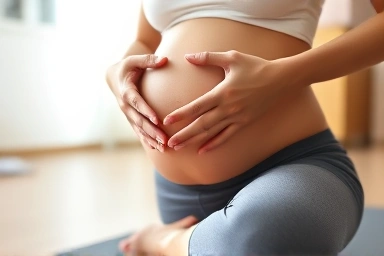 Pregnant woman's hands on belly during gentle yoga.