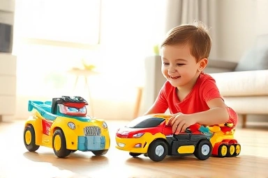 Child playing with Robocar Poli transforming robot toys