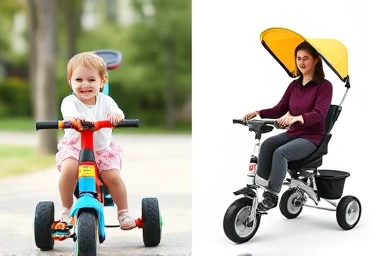 Baby choosing between tricycle and stroller-like trike options