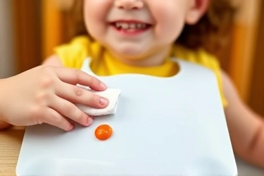 Clean silicone baby bib with food stain being wiped
