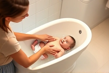Safe and comfortable baby bath with mother