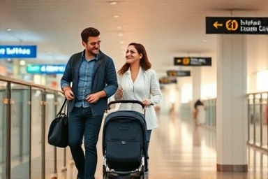 Family with stroller at airport gate