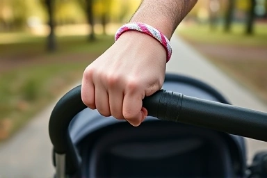 Parent's hand securing stroller with a safety wrist strap.