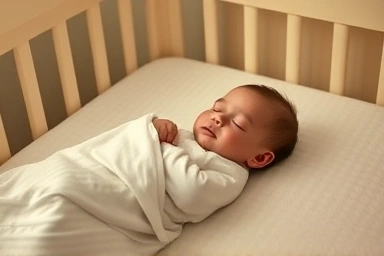 Baby sleeping peacefully in a nursery transitioning from swaddle to sleep sack.