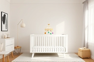 Nursery with baby mobile, visual development stages