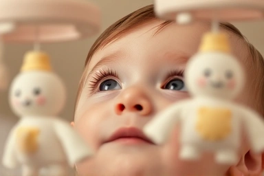 Baby's eyes looking at colorful mobile