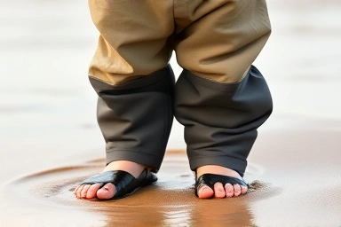 Close-up of toddler's waders protecting feet on a mudflat.