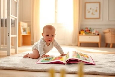 Baby happily exploring a colorful soundbook in a bright nursery.