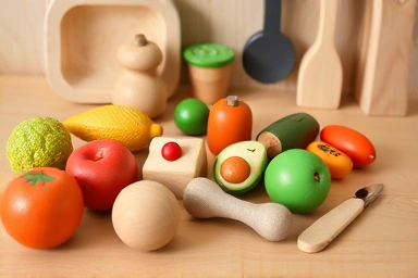Close-up of natural wood toy food and kitchen utensils.