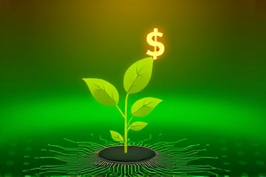 Sustainable financial growth symbolized by a plant on a circuit board.