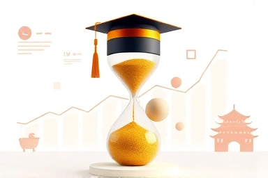 Hourglass symbolizing time for TOEIC exams, graduation cap representing career goals, abstract growth charts.