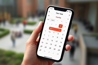 Hand using smartphone to check TOEIC test dates on a calendar, blurred campus background.