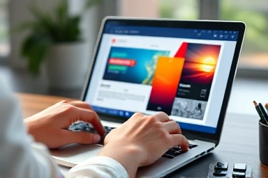 Designer using Adobe Photoshop on laptop, creative workflow.