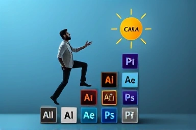 Career growth in digital design, Adobe CC icons, digital badge.