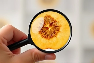 Close-up of hand with magnifying glass inspecting fruit quality.