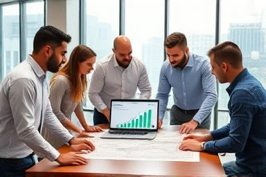 Architects and engineers collaborating on blueprints, discussing salary growth.