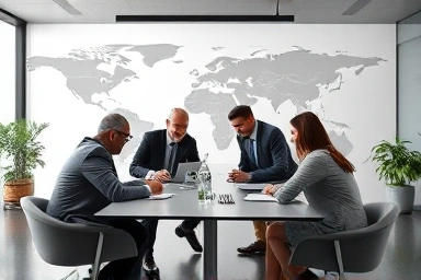 International finance professionals collaborating in a modern office.