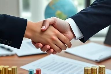 Handshake symbolizing international financial agreement and trust.