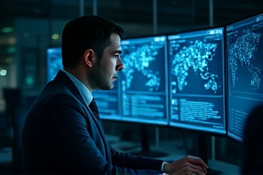 IT auditor analyzing complex digital network diagrams.