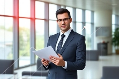 Financial success and expertise symbolized by graphs and confident professional.