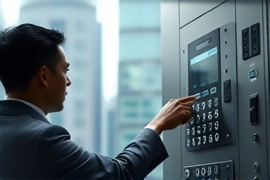 Professional operating advanced elevator controls in a modern setting.