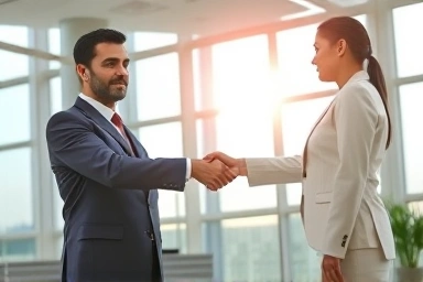 Financial advisor shaking hands with client, symbolizing trust and success.