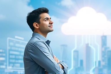 Young professional in a digital cloud cityscape symbolizing GCP career growth.