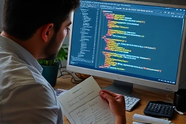 Person studying complex coding and SQL for exam.