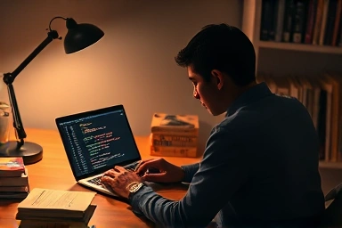 Focused individual studying software testing concepts at a desk.