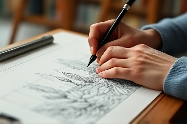 Hands sketching a detailed landscape drawing on a drafting table.