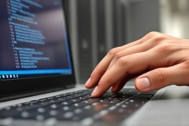 Hand typing commands on keyboard in IT environment