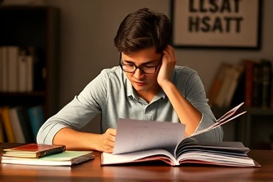 Person studying diligently for LSAT exam with books and notes.