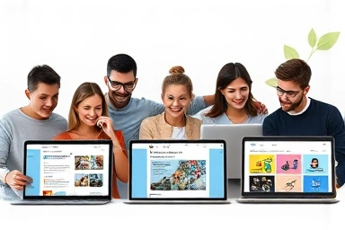 Diverse people choosing personalized online English learning platforms.