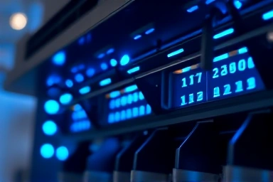 Network router with glowing blue lights, symbolizing data pathways.