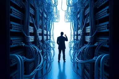 Person navigating a maze of network cables to reach success.