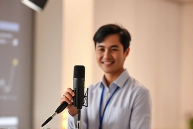 Confident speaker in a professional studio, symbolizing opic success.