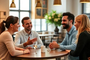 People in a cafe having a natural, engaging conversation.