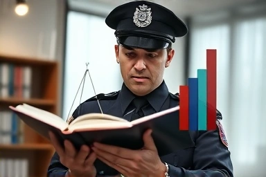 Police officer studying law book for exam success