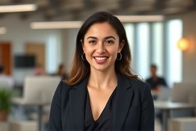 Woman confidently speaking English with AI learning technology.