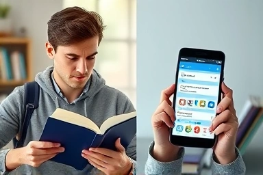 Frustrated textbook learning vs. smiling AI app learning.