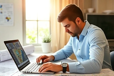 Person studying geospatial engineering blueprints and data on laptop.